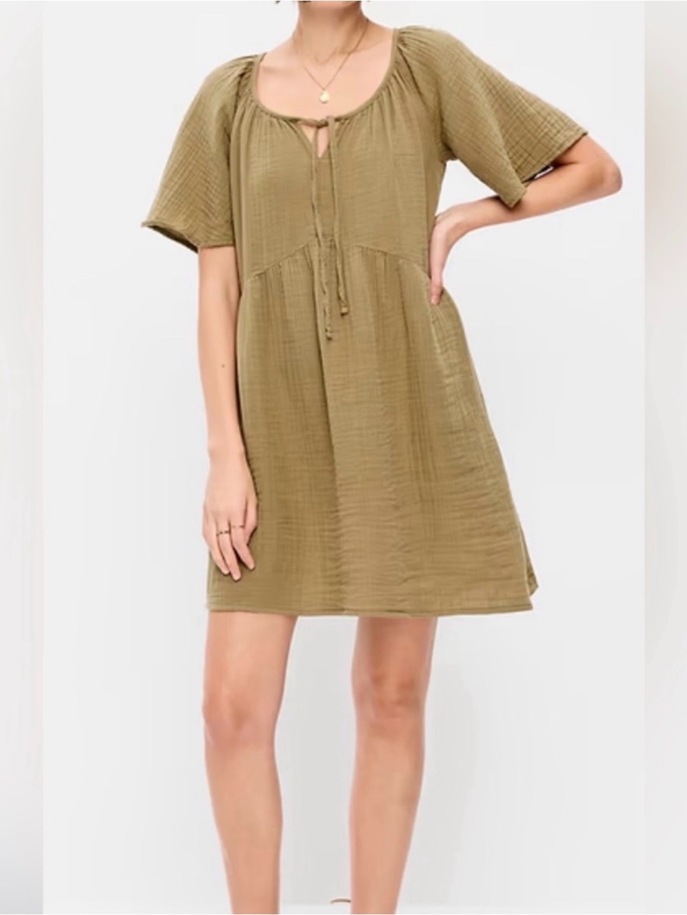 NWT Olive Short Sleeve Crinkle Gauge Peasant Lightweight Dress